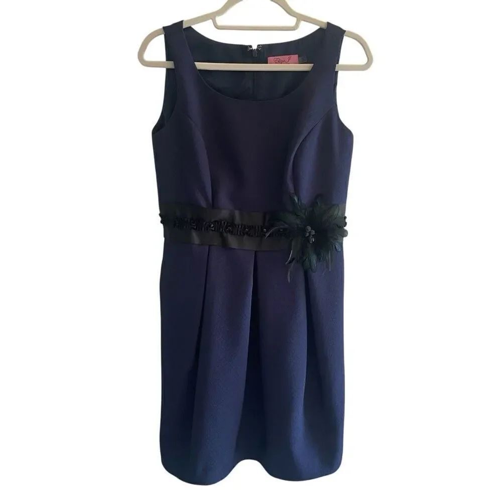 Eliza J Navy Blue Short Cocktail Dress Women’s Sz 10P Feather Accent Sleeveless